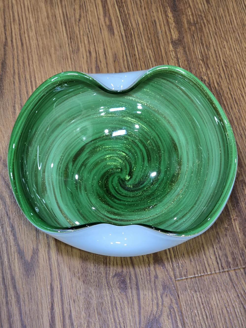 Murano Green Swirl Art Glass Bowl with White Rim